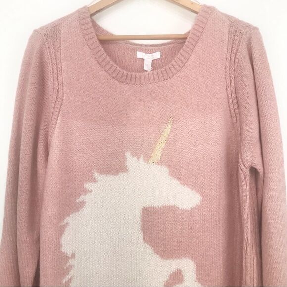 LC Lauren Conrad Pink White Unicorn Sparkle Knit Crew Neck Pullover Sweater - Picture 3 of 15